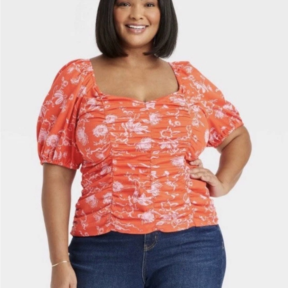 Ava & Viv Shirt Women’s Plus Size 2X Orange Floral Puff Sleeve Blouse NWT